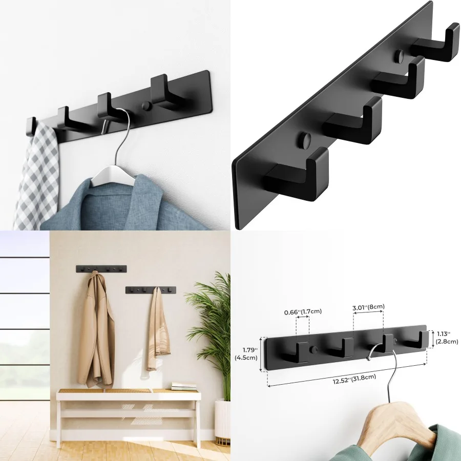 

Современная настенная черная вешалка для одежды с металлическими крючками 12,5 дюйма и 4 прямоугольными крючками для эффективной ванной комнаты в прихожей или спальне