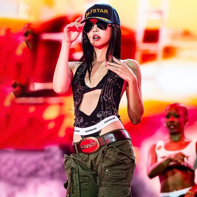 Gtpdpllt Music Festival Two Tops Women Sexy Bra And Fake Diamond Sticker Decoration Deep V-Neck Halter Bodysuit Streetwear