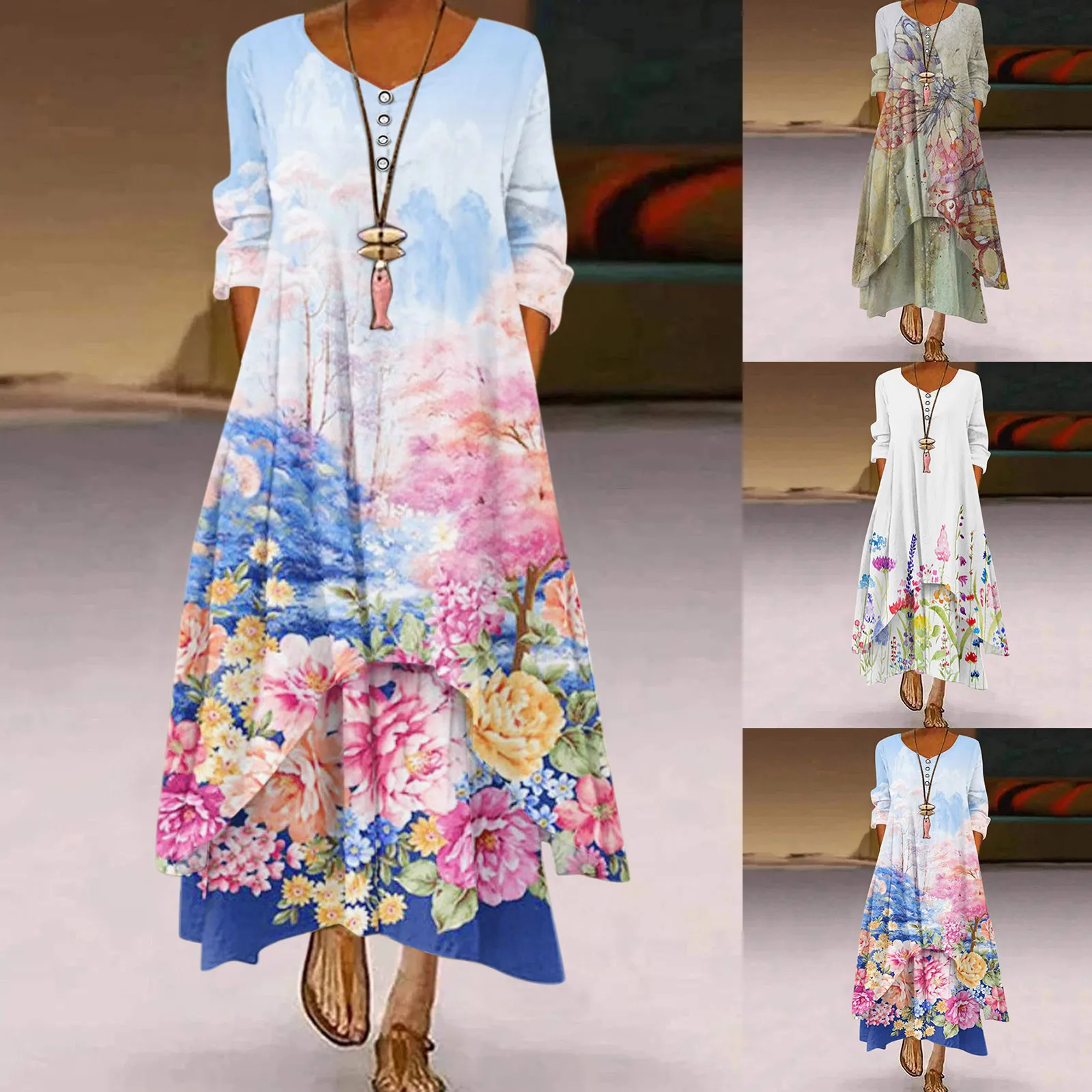 Bohemian Floral Print Plus Size Loose Long Dress Women Sexy Casual Boho Maxi Dresses Ladies Vestidos Vacation Party Night Cloth