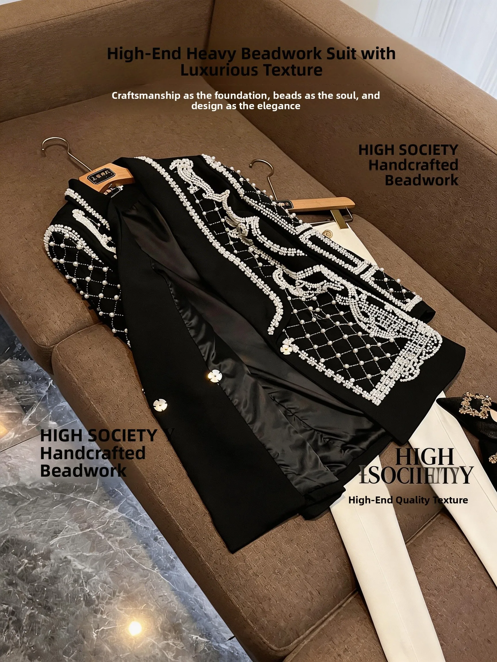 

Женский деловой пиджак Ele с жемчужным декором и сложной вышивкой, приталенный, удобный для работы, модель K0, модная рабочая одежда