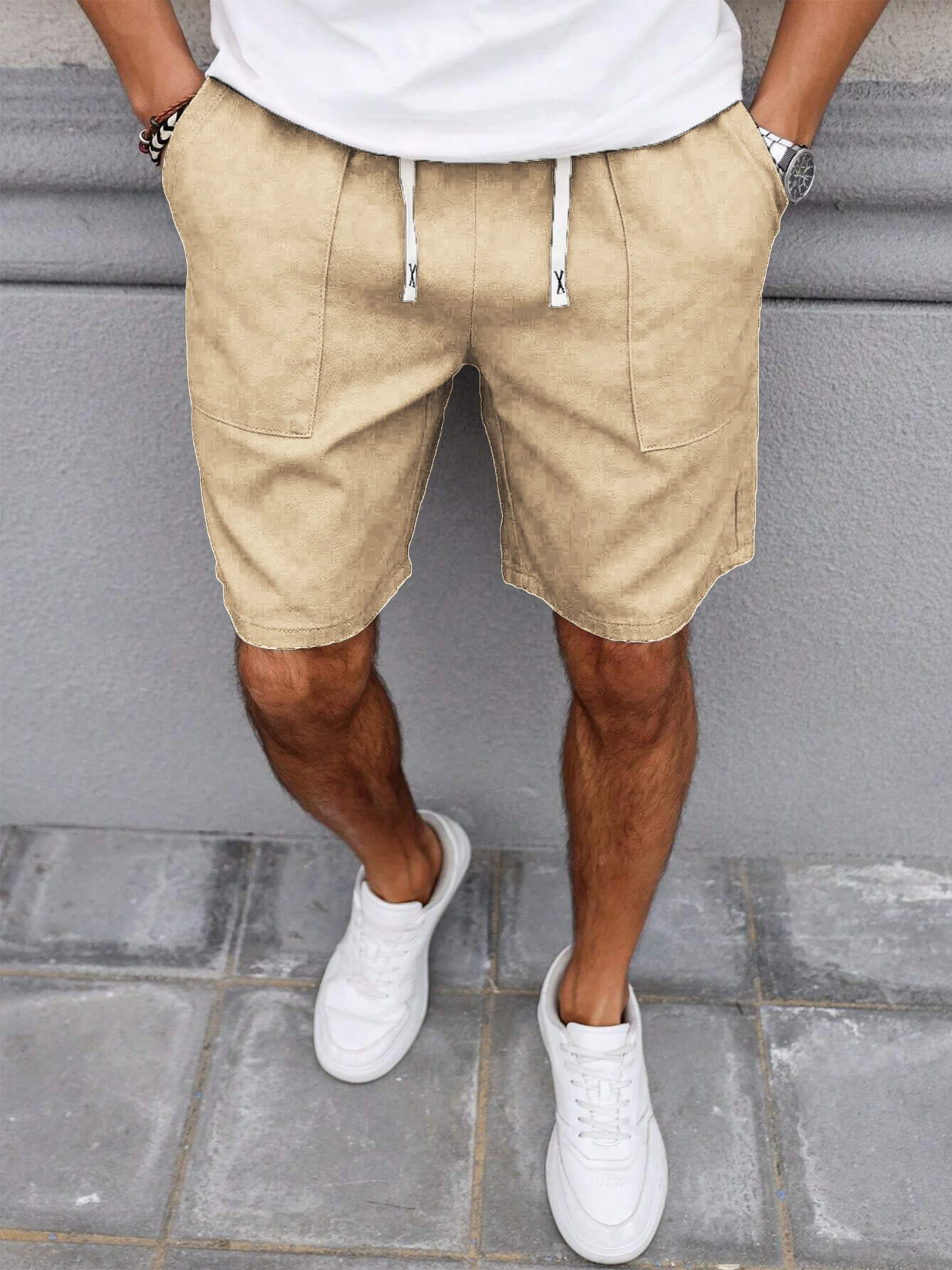 Sommer Herren Retro Amerikanischer Stil Shorts mit Kordelzug Lässige Hosen Einfarbig Trendige Mittellange Herrenshorts – Detail 1
