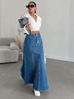 Women's long denim midi skirt for spring and autumn seasons. Suitable for various occasions such as daily wear, commuting, and g - Image 5