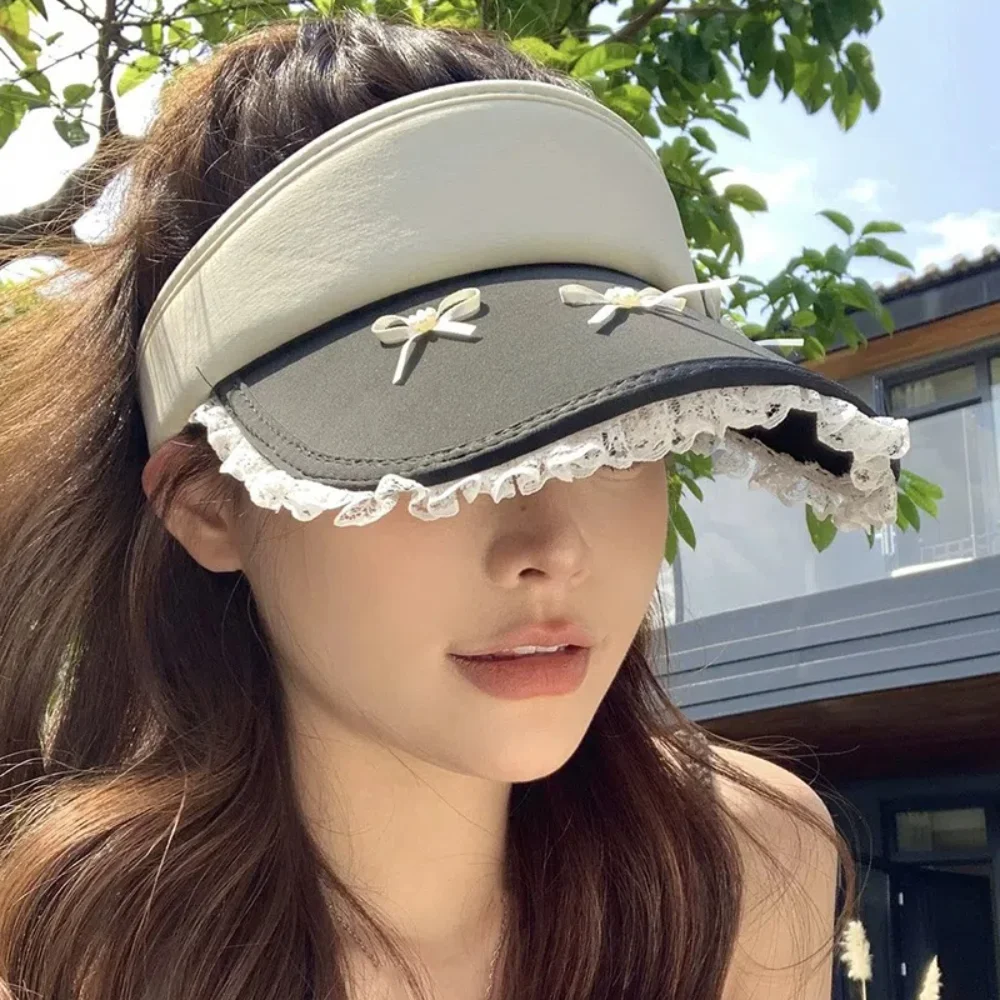 만화 캐릭터 스타일의 빈티지 리본 레이스 챙 여성용 썬햇, 넓은 챙, 사이즈 조절 가능, 자외선 차단 모자, 소녀용