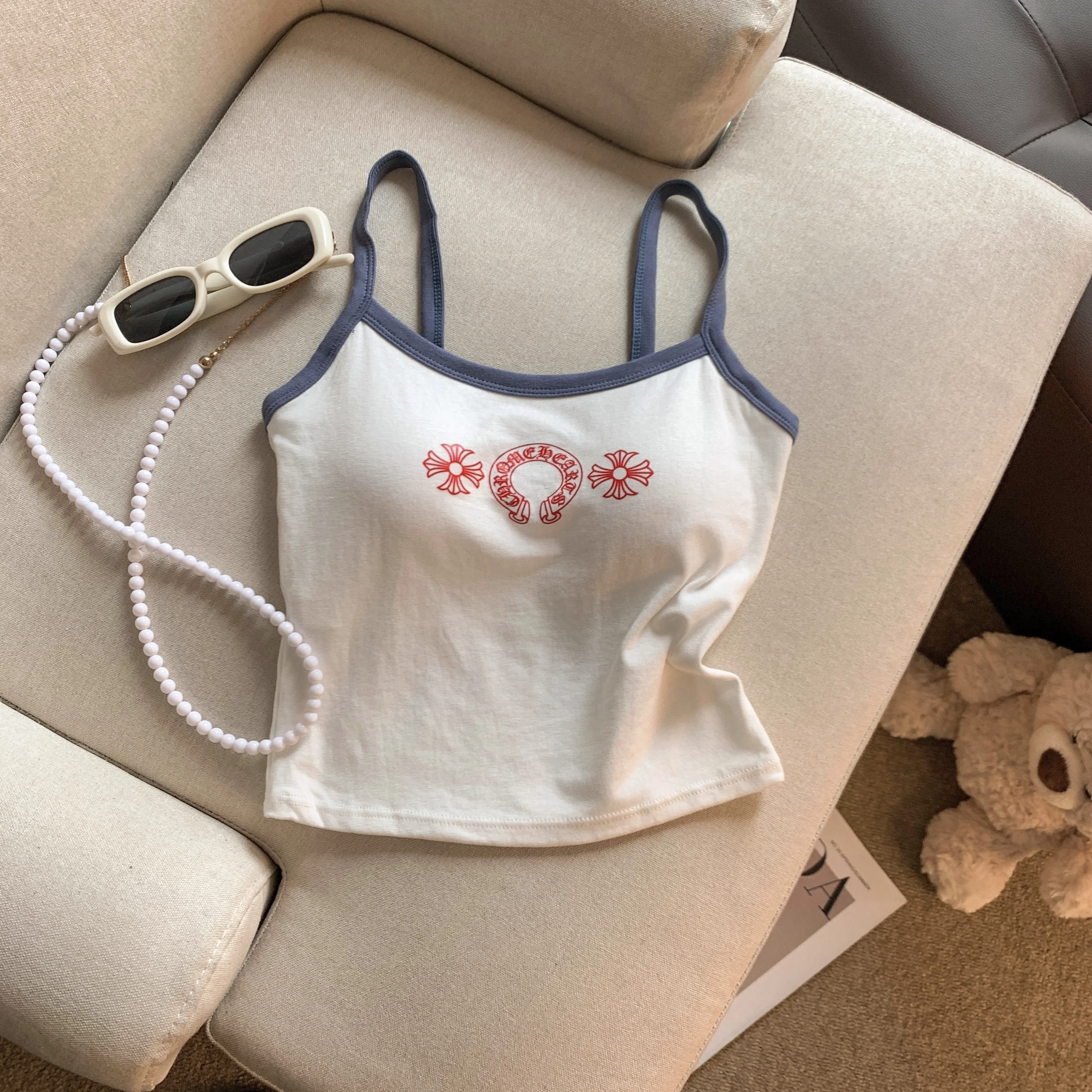 

Sweet And Spicy Girl Short Crop Top Women's Vest with Chest Pad Korean Style Slim Fit Print Silk Summer New Arrival