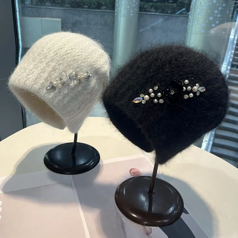 

Вязаная шапка с жемчугом и стразами для женщин, модная универсальная вязаная шапка большого размера, теплая зимняя шапка для холодной погоды