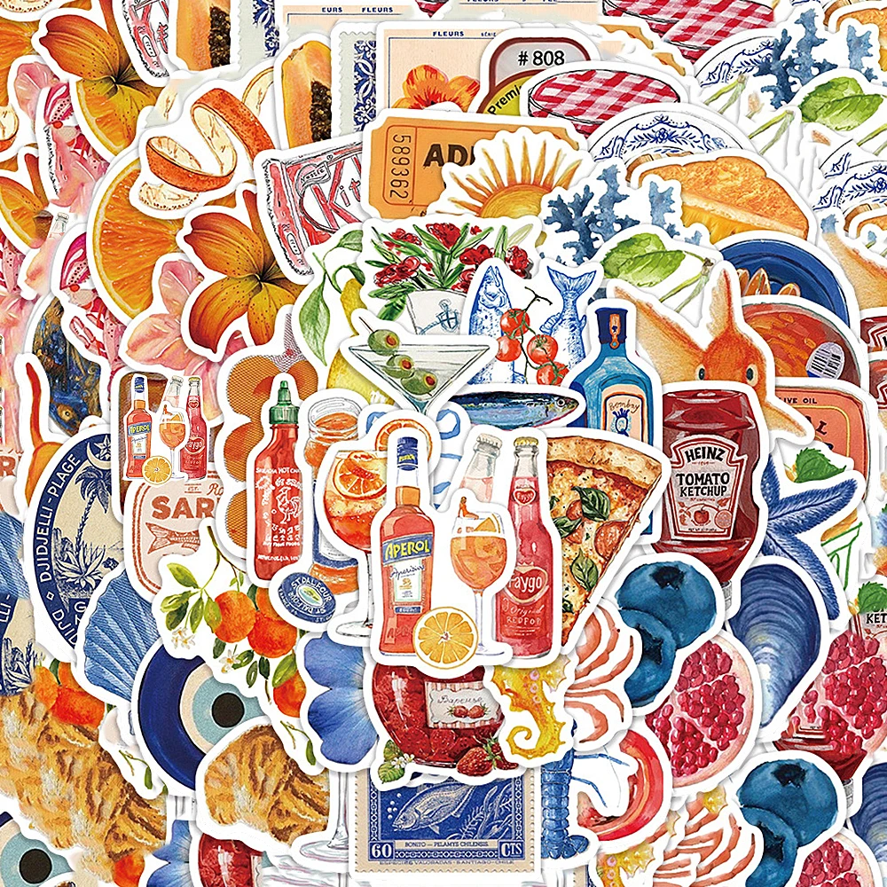 

10/30/60pcs Vintage Mediterranean Food Aesthetic Graffiti Stickers Scrapbook Guitar Stationery Cool Cartoon Decoration Sticker