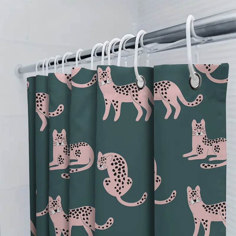 Pink Leopard Print Shower Curtain Set for Bathroom Decor Modern Green Background with Black Spots Cat Design Pattern Cover with view 5