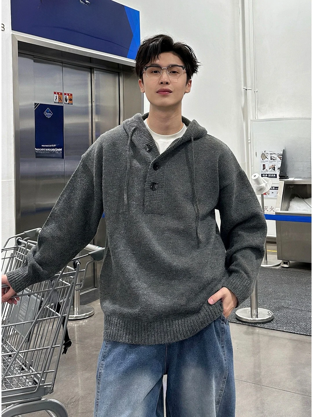 

Deep ey Knitted Hoodie Men's Autumn Winter Lazy High-End Soft Cozy American Sle f Open Buttoned Knitwear Jaet