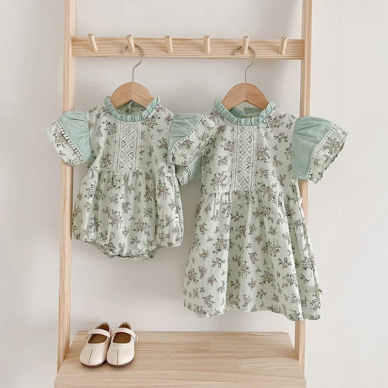 

Baby Girls Clothes Girls Dress Lace Flying Sleeve Print Summer Baby Girl Romper Fashion Sister Matching Outfit Princess Dress