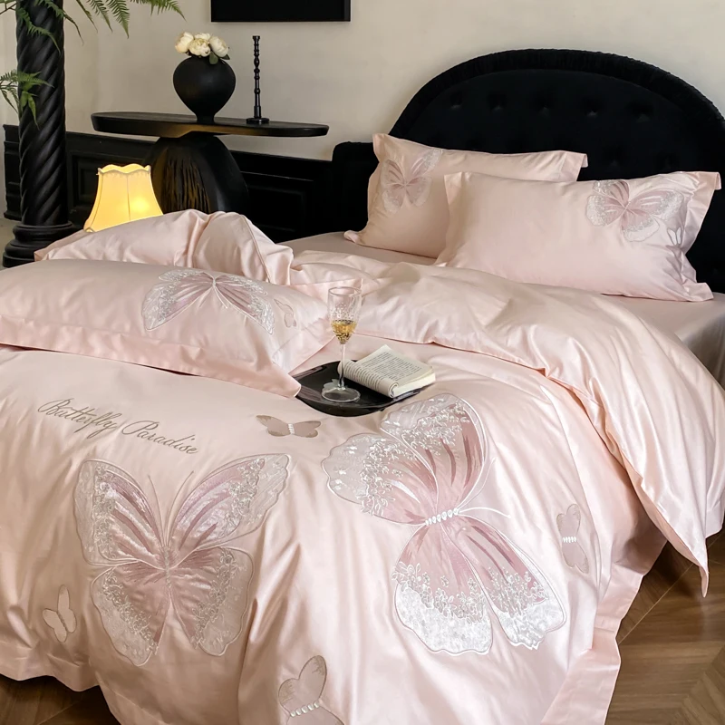 800TC Egyptian Cotton Luxury Bedding Set Pink Large Butterfly Embroidery Duvet Cover Set Bed Sheet/Fitted Sheet Pillowcases 4Pcs