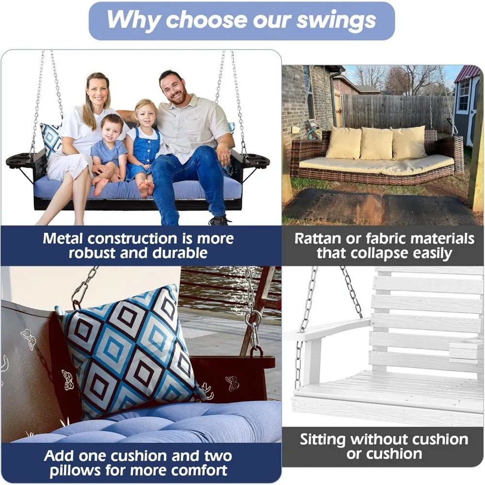 

"900LB 3-Seat Porch Swing - Heavy Duty Metal w/ Tray & Cushions, Rust-Resistant"​