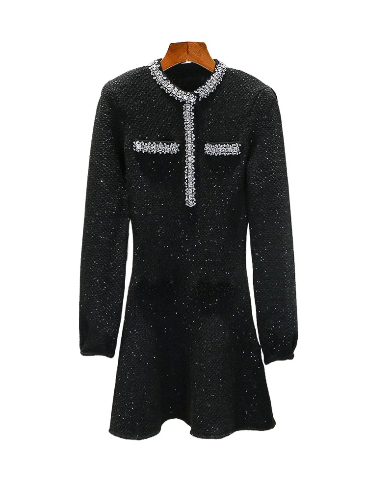 Dr lavorato a maglia di lusso con gonna a trapezio a vita alta Diamo impreziosita Ele Chic Sle Fibra di poliestere Lunga Sve