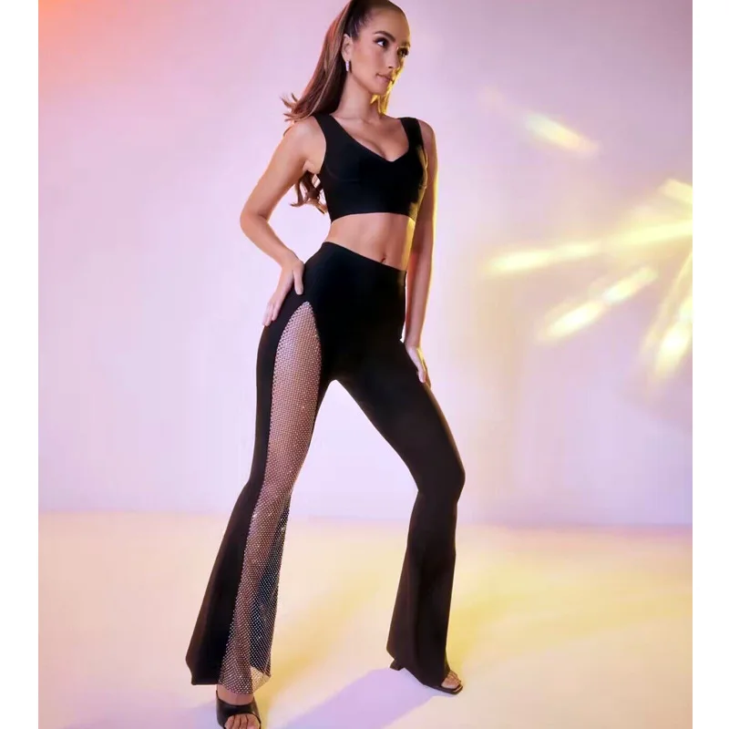 Cross-Border Fashion Hot Bandage Set Short Vest & Shiny Rhinestone Perspective Mesh Micro Flared High Waist Trousers