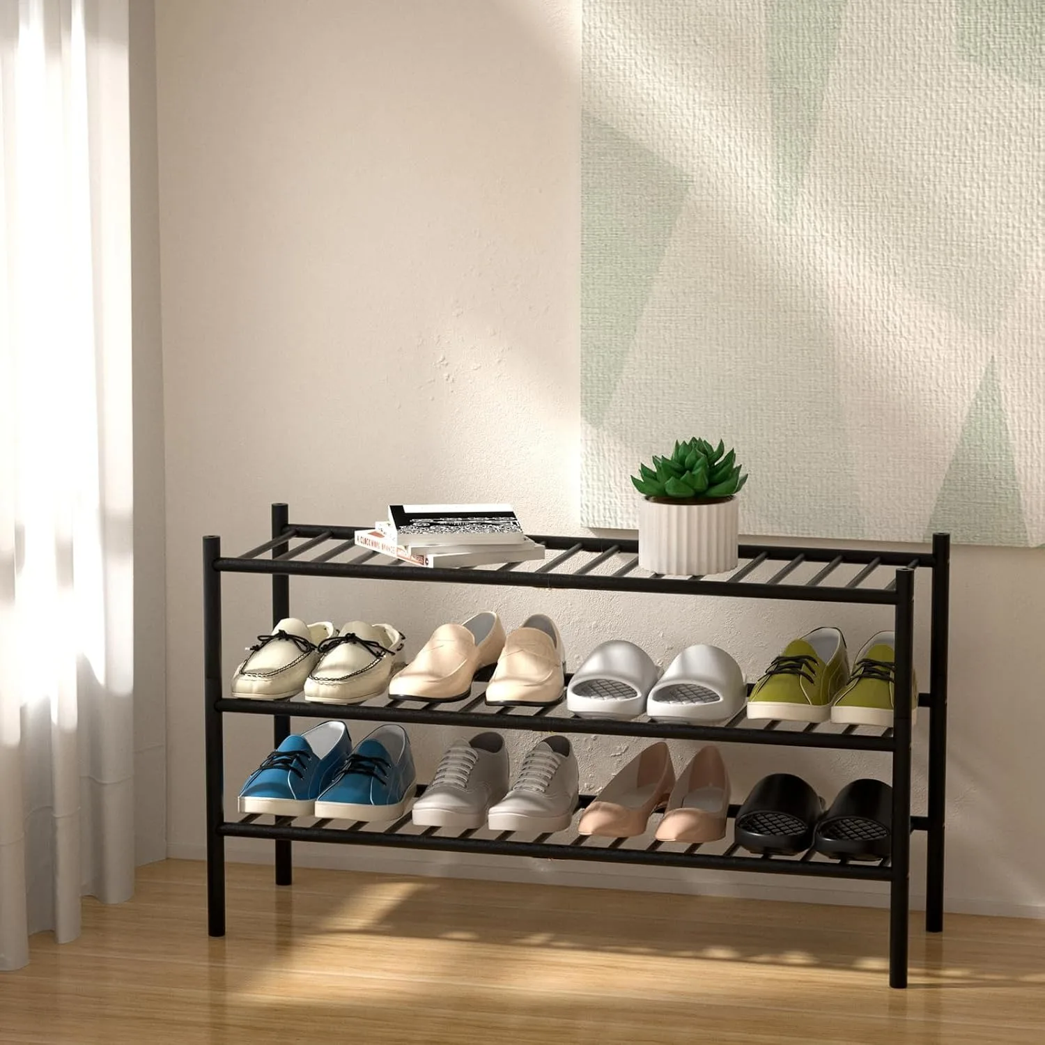 3-Tier Bamboo Long Shoe Rack, Free Standing Wood Shoe Shelf Storage Organizer for Closet Entryway Stackable 35"x11"x20" (Black)