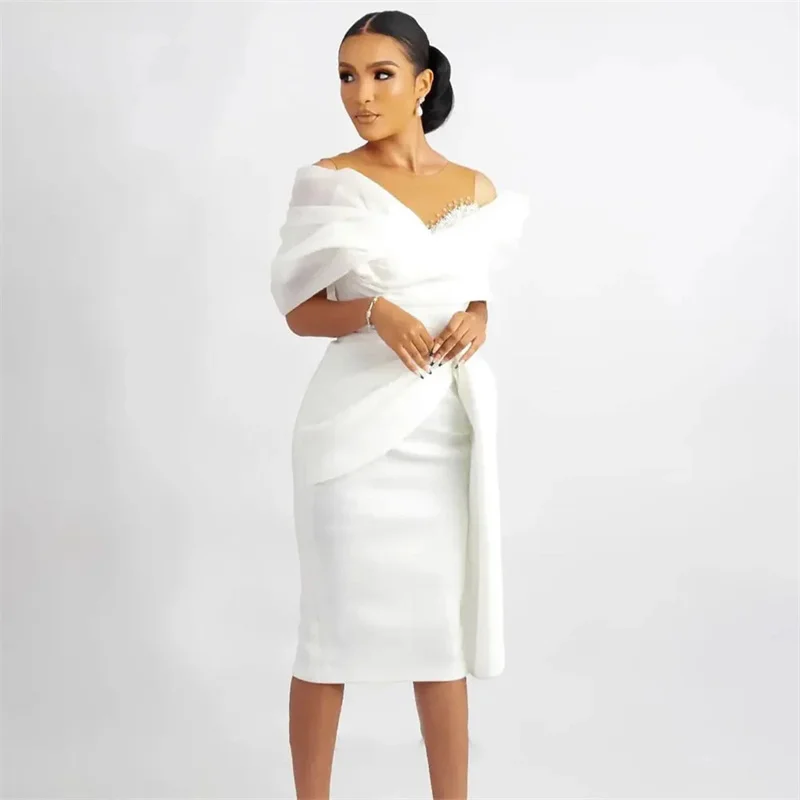 

Off the Shoulder Groom Mother Party Dress White Mother of the Bride Wedding 2024 Knee Leight Straight Short Mother Dress New