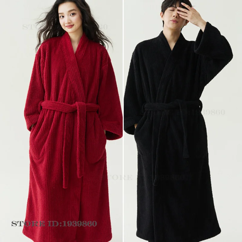 Autumn Winter Thicken Warm Couple Sleepwear Long Robe Flannel V-Neck Bathrobe Nightgown Loose Coral Fleece Home Clothes Pajama