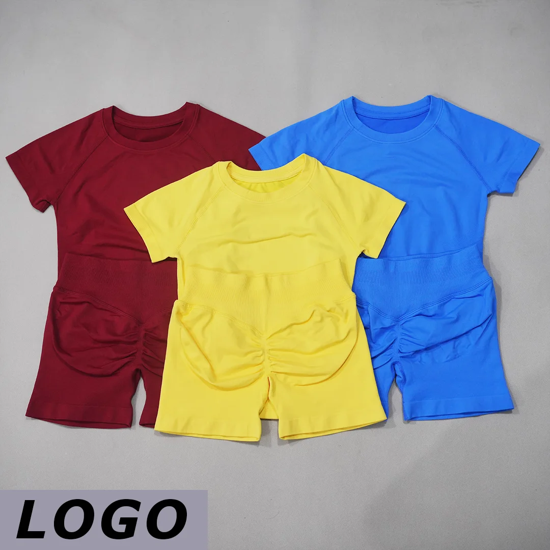 DF Women Seamless 2 Piece Yoga Set Short Sleeve Tee High Waist Shorts Quick Dry High Stretch Gym Running Fitness Athletic Outfit