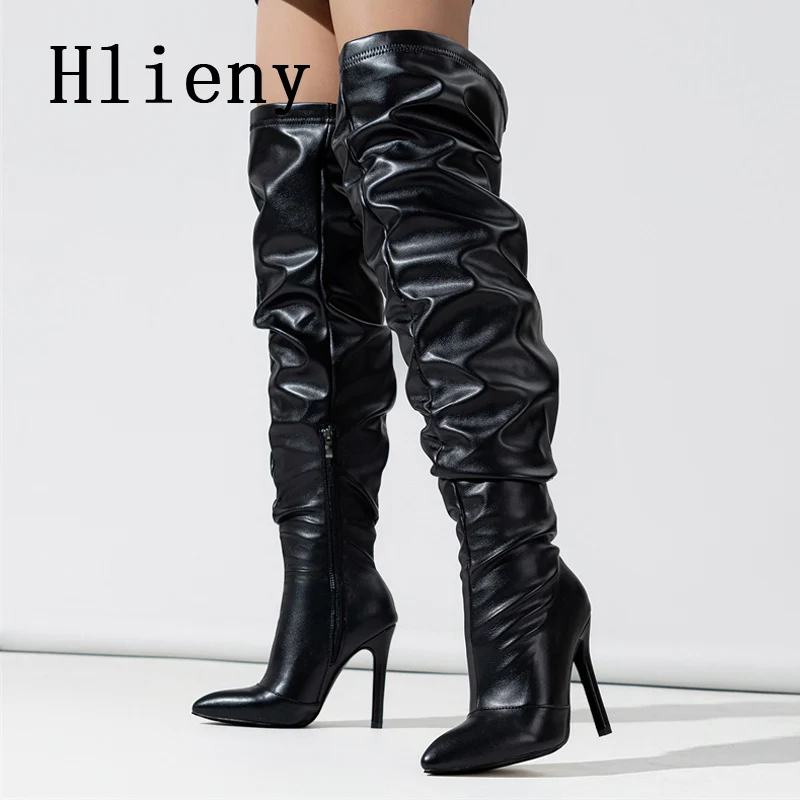 Hlieny 2024 Winter Fashion Pleated Women Long Boots Thin High Heels Ladies Boots Sexy Knee High Slip On Pointed Toe Botas Shoes