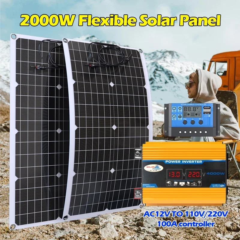 110V 220V 2000W Flexible Solar Panel System 12V Battery Charging Power Bank 4000W Solar Inverter Kit  For Home Outdoor Camping