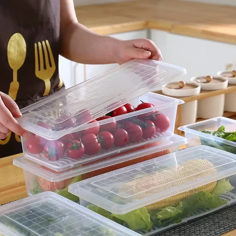 

Refrigerator Fresh Storage Boxes Scallions Food Container with Lid Fridge Sealed Drainable Vegetable Storage Box Organizer
