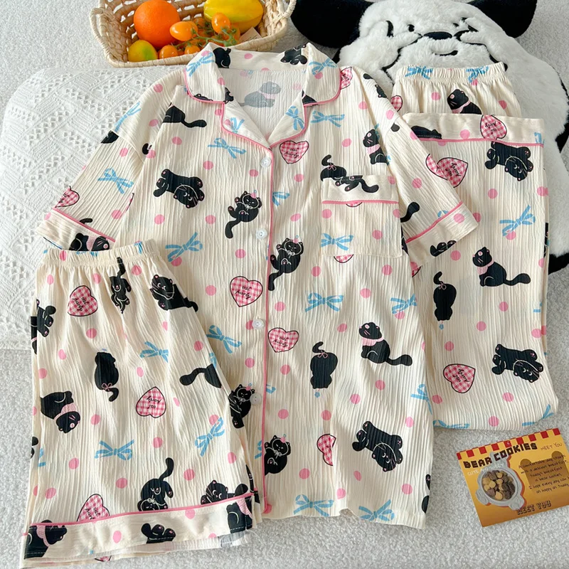 Female Short Sleeve Lapel Cute Black Cat Print Homewear Women Summer Thin Pajamas Three-piece Set Comfortable Leisure Sleepwear