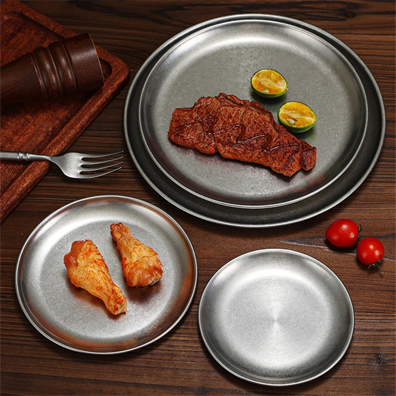 Snow Peak Stainless Steel Round Plates Matte Reto Dinner Dishes Flat Serving Tray Luxury Tableware Kitchen Dessert Cake