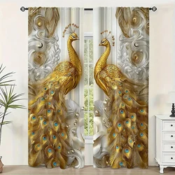 2Pc Contemporary Golden Peacock Print Window Curtains Rod Pocket Design Machine Washable For Living Room Dining Room Study
