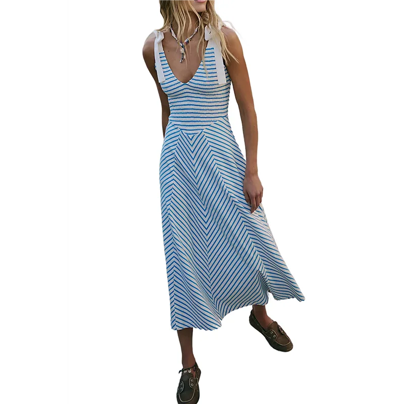 A83F-Donna Casual Estate Smocked Scollo a V Spiaggia a righe Senza maniche Vestito estivo Abito lungo fluido con tasche