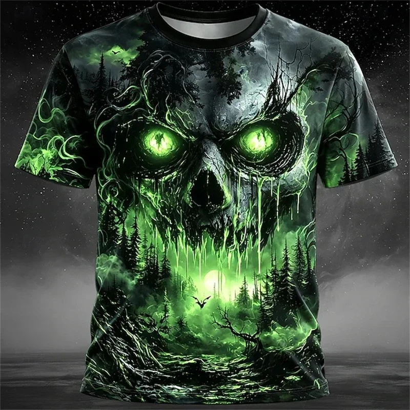 Fashion Men's 3D Flame Skull Forest Print T Shirt Horror Night Moon Pattern Short Sleeve Tee Halloween Gothic Dark Style Tops