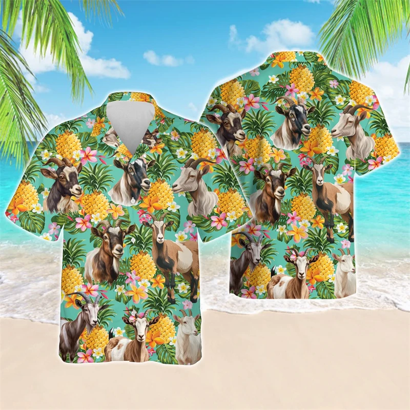 Goat Hawaiian 3D Printed Beach Shirts Funny Flower Goats Graphic Shirt For Men Clothes Animal Sheep Aloha Short Sleeve Blouses
