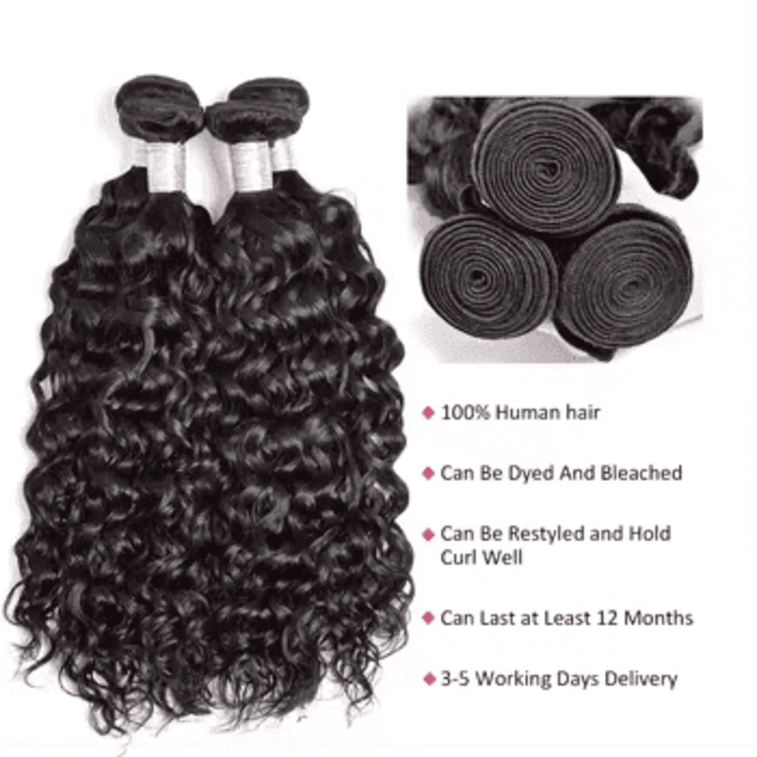 Bundles brésiliens de cheveux humains vierges Deep Wave, cheveux humains bouclés, 10A, 16 ", 18", 20 ", support