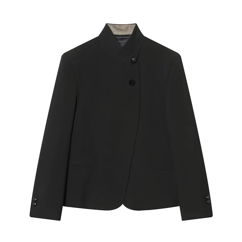 Elegante Asymmetrische Knop Blazerjas Dames Opstaande Kraag Volledige Mouw Zwart Pak Jassen 2026 Lente Dame Dagelijks Pendelen Buitenkleding