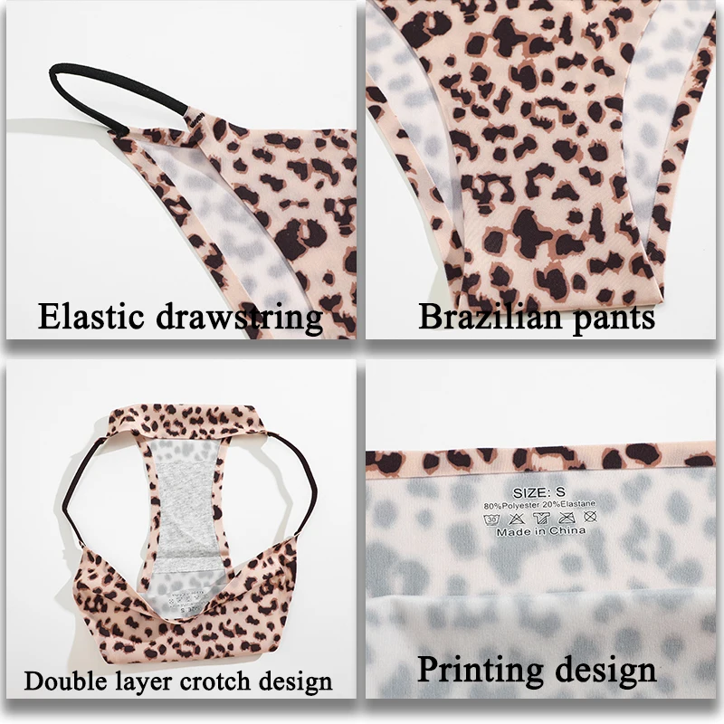 3Pcs/Set Leopard Print Briefs Ice Silk Underwear For Women Straps Panty Low Waist Brazilian Pants Sexy Breathable Seamless Thong