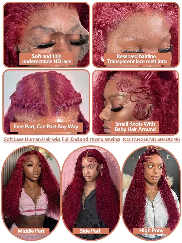 99J بورجوندي موجة عميقة 13x6 HD الدانتيل الباروكة الأمامية مجعد الباروكات الدانتيل الشفاف الجبهة الباروكات النبيذ الأحمر الملونة باروكة من شعر طبيعي للنساء #4