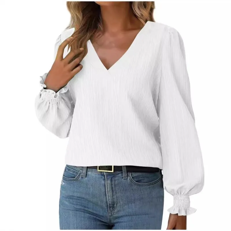 Autumn Simple Long Sleeved Solid Pullover Women's Shirt Office Lady OL Workwear Basic V Neck Spring Blouse Fall Top Blusas Mujer