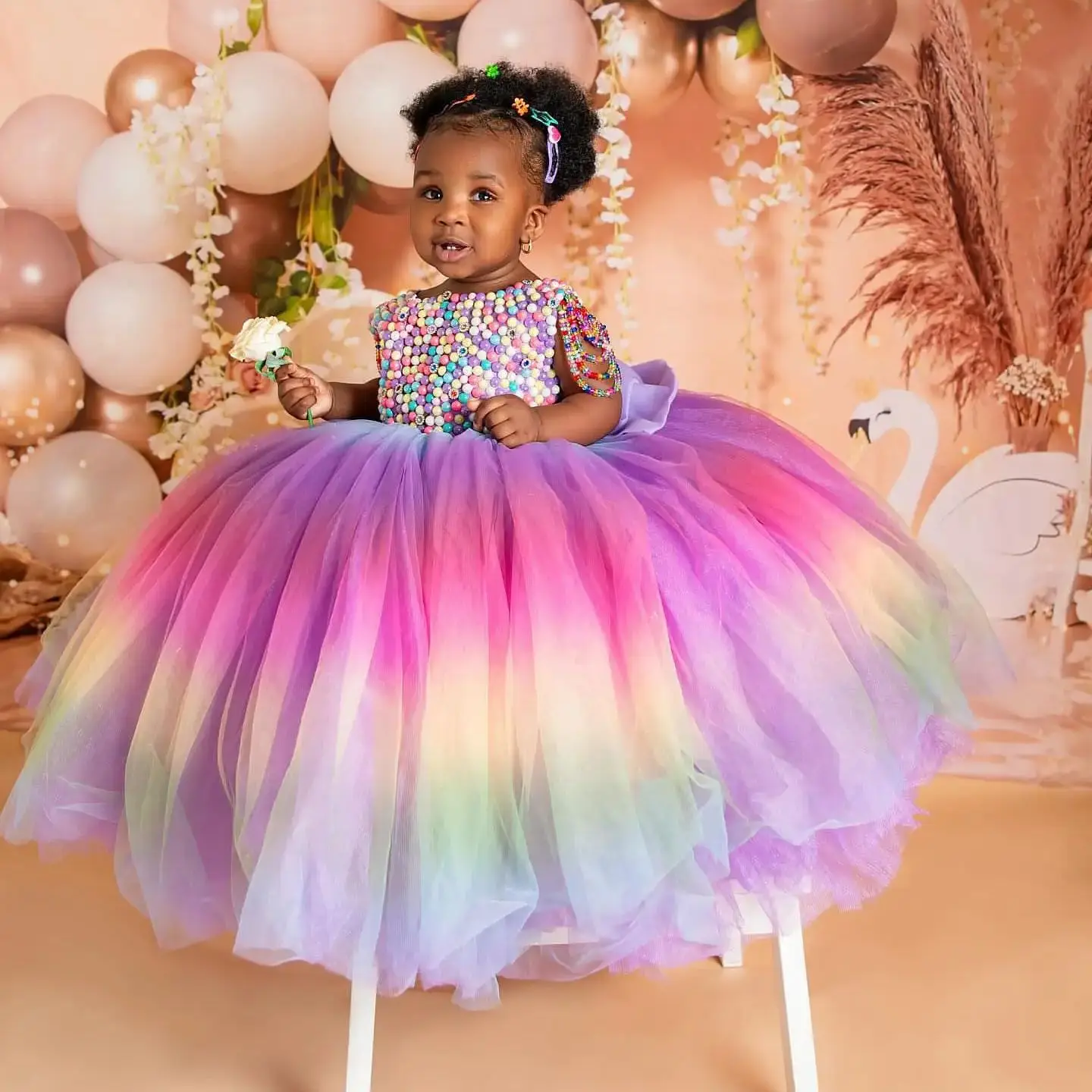 Colorful Beaded Flower Girl Dress Rainbow Tulle Skirt Ball Gowns African Child Birthday Party Dress