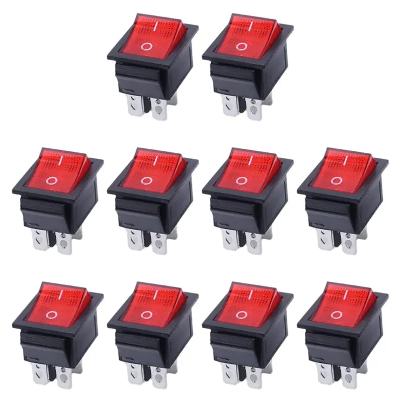 ABKY-10PCS KCD4 Rocker Switch 6 Pins 16A/250V With Red Light Indicator, 2 Position Toggle Switches