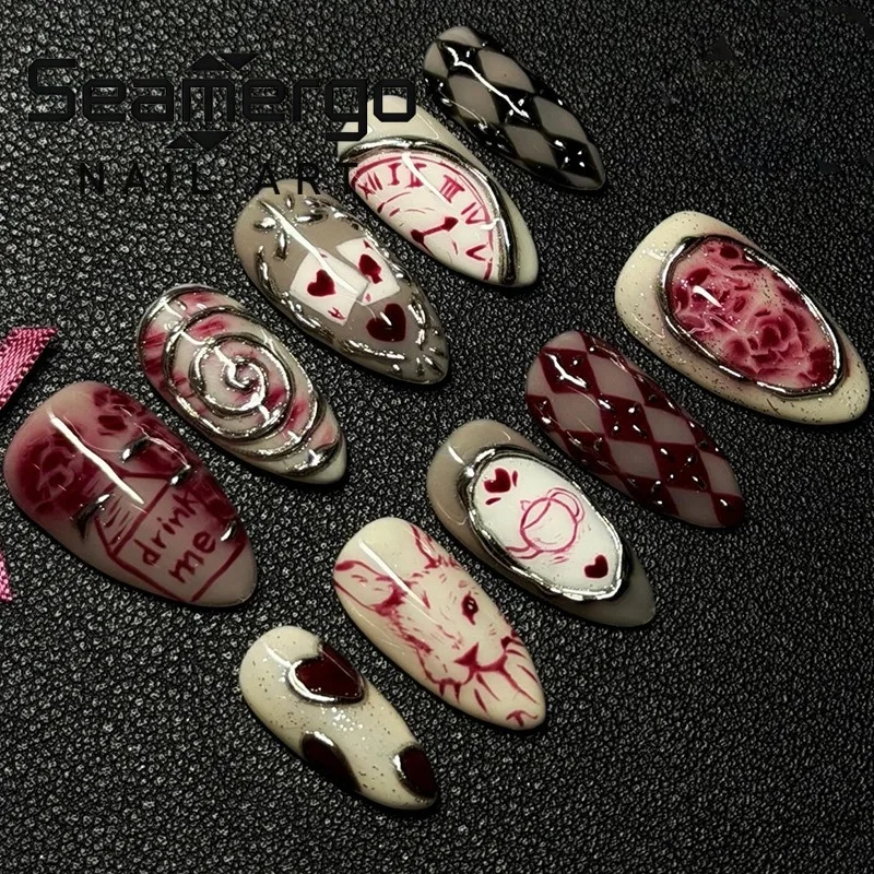 

24 шт. серебристых накладных ногтей с узором «Вихрь», милыми розами, кроликами и волнистыми краями, французский маникюр, полное покрытие, красные сердечки, форма «Миндаль»