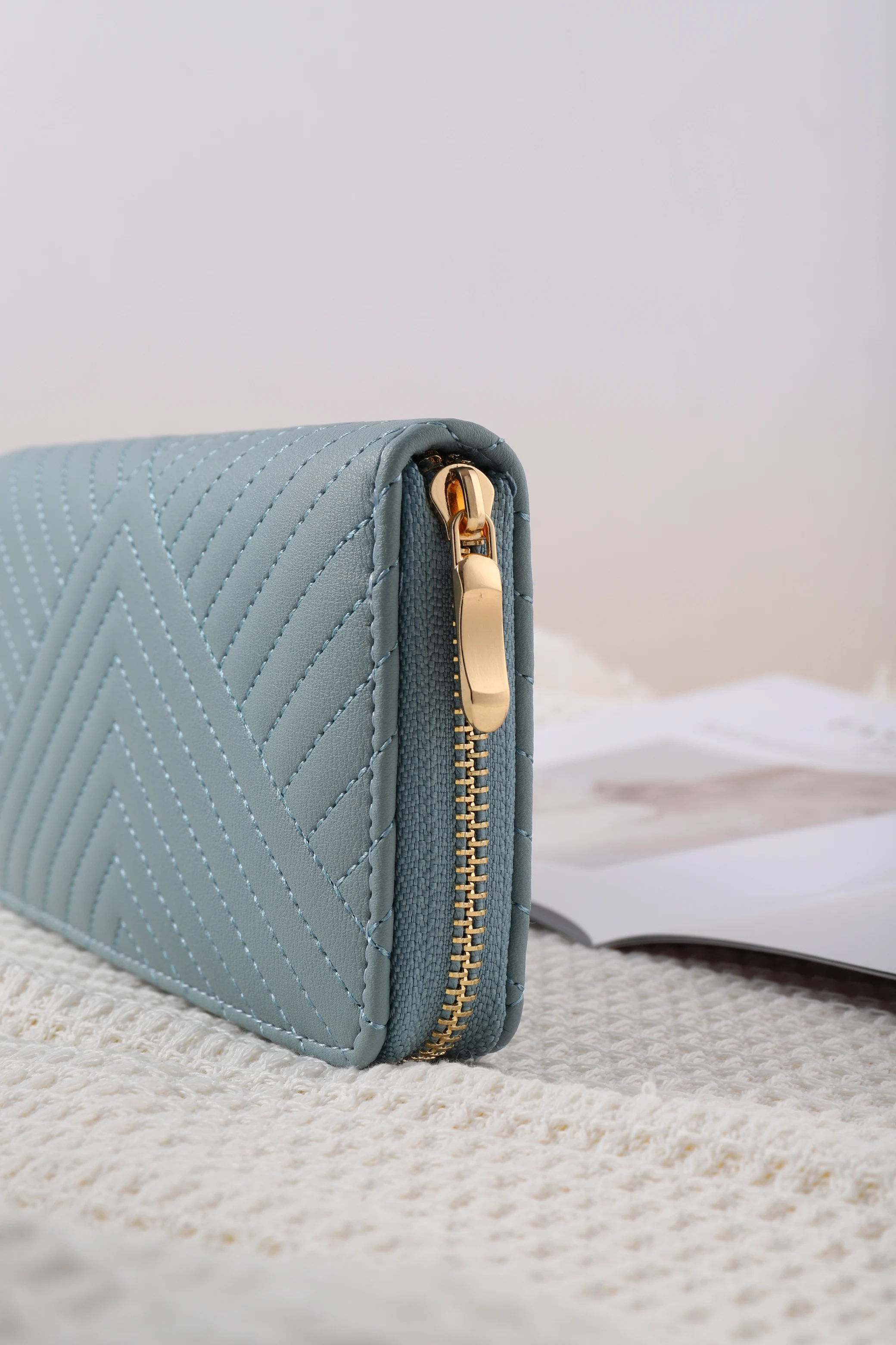 New fashion solid color PU wallet girls zipper print clutch bag temperament simple sewing line coin purse