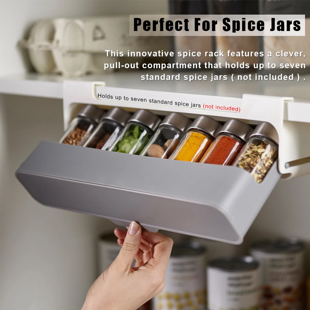 Wall-mounted Under-Shelf  Container Spice Organizer Self-adhesive Kitchen  ​Storage Organizer Spice Bottle Storage Rack