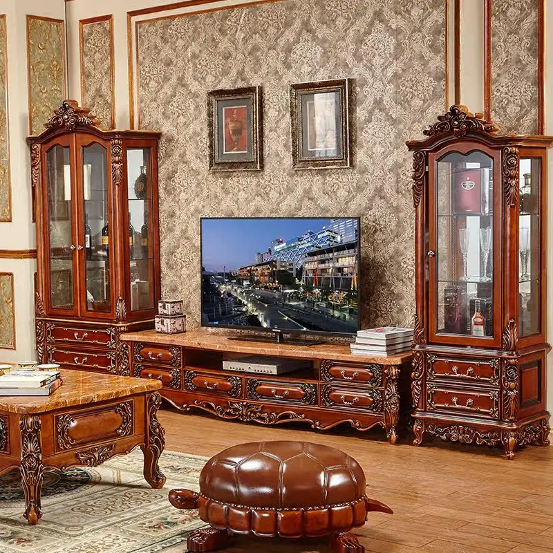 European American Style Wine Cabinet Solid Wood Carved Classic Living Room Single Double Door Display Storage Organizer