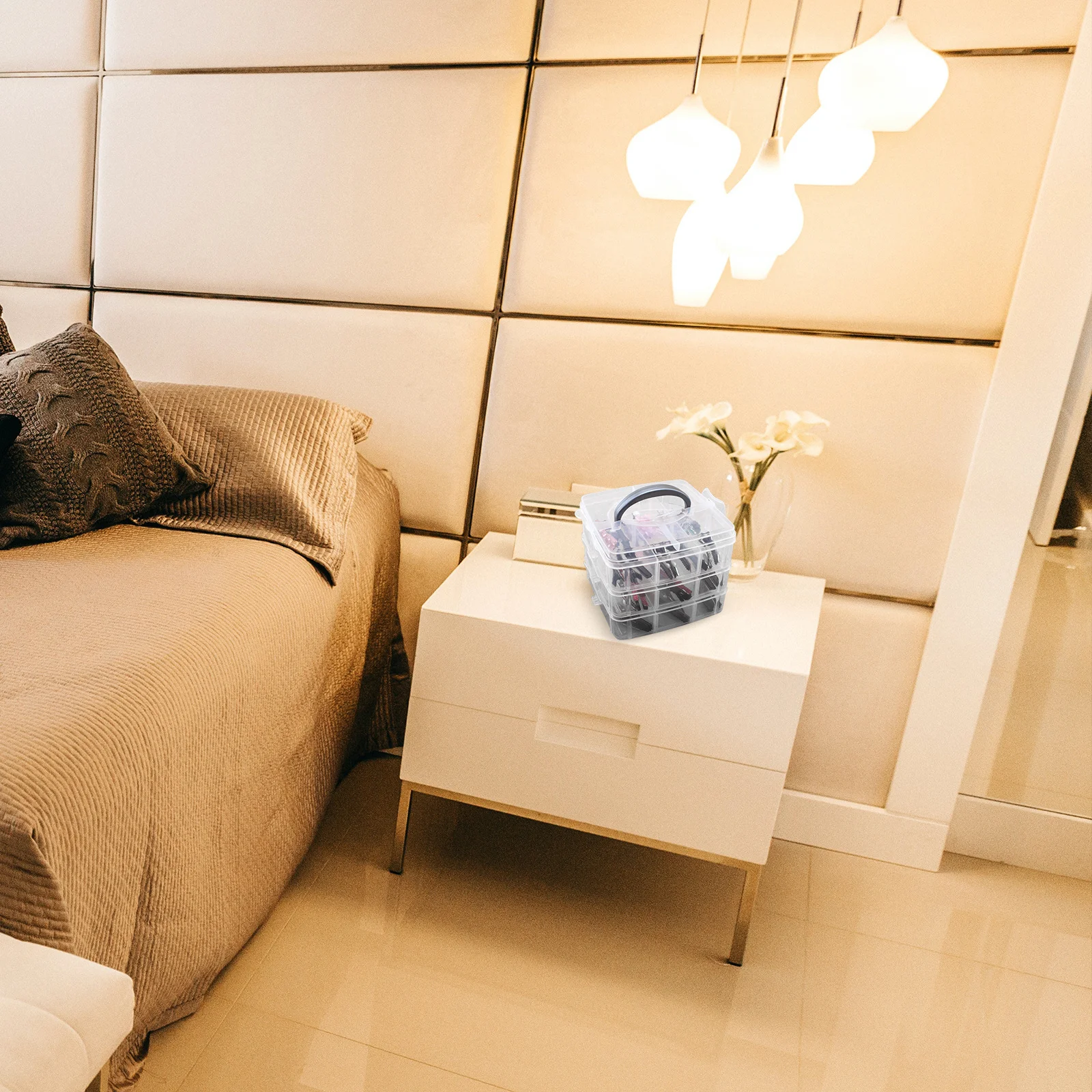 

3 Layers 18 Compartments Plastic Adjustable Storage Holder Transparent White Durable Lightweight Portable Handle Removable