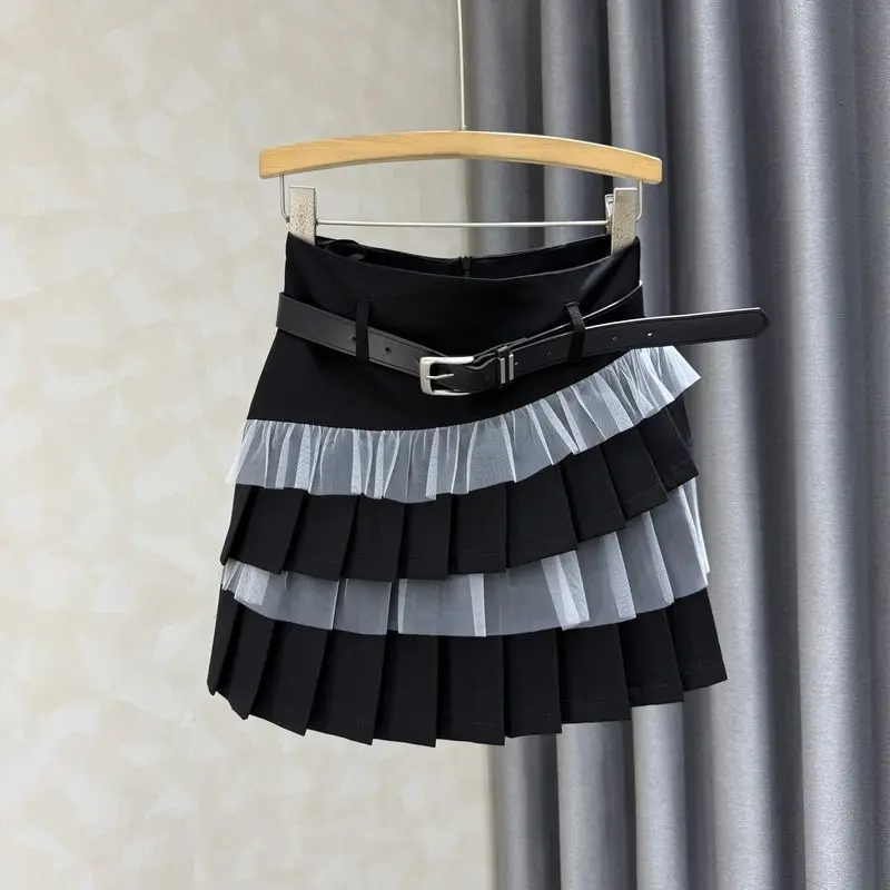 Szara, casualowa, wąska, wysoka talia, plisowana spódnica w kształcie litery A, kobieca, krótka spódniczka z nieregularną siateczką