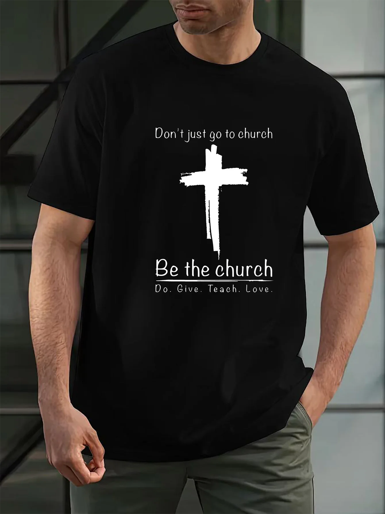 

Мужская летняя повседневная футболка из чистого хлопка с круглым вырезом и крестообразным дизайном, с английскими буквами и церковной тематикой