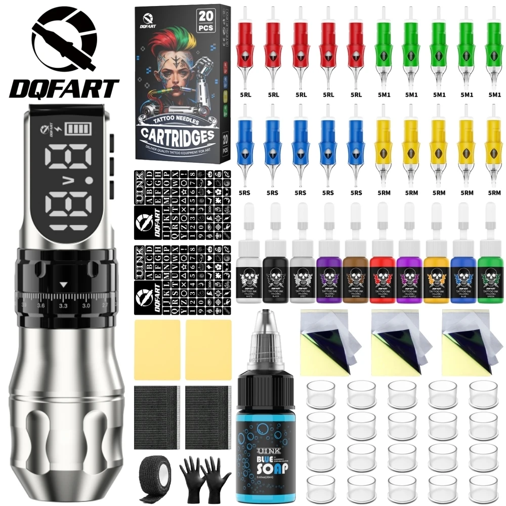 DQFART T9 Led Digltal Display Electric Wireless Tattoo Machine Set Accessories Supplies Body Art Creative Designs Tattoo Needles