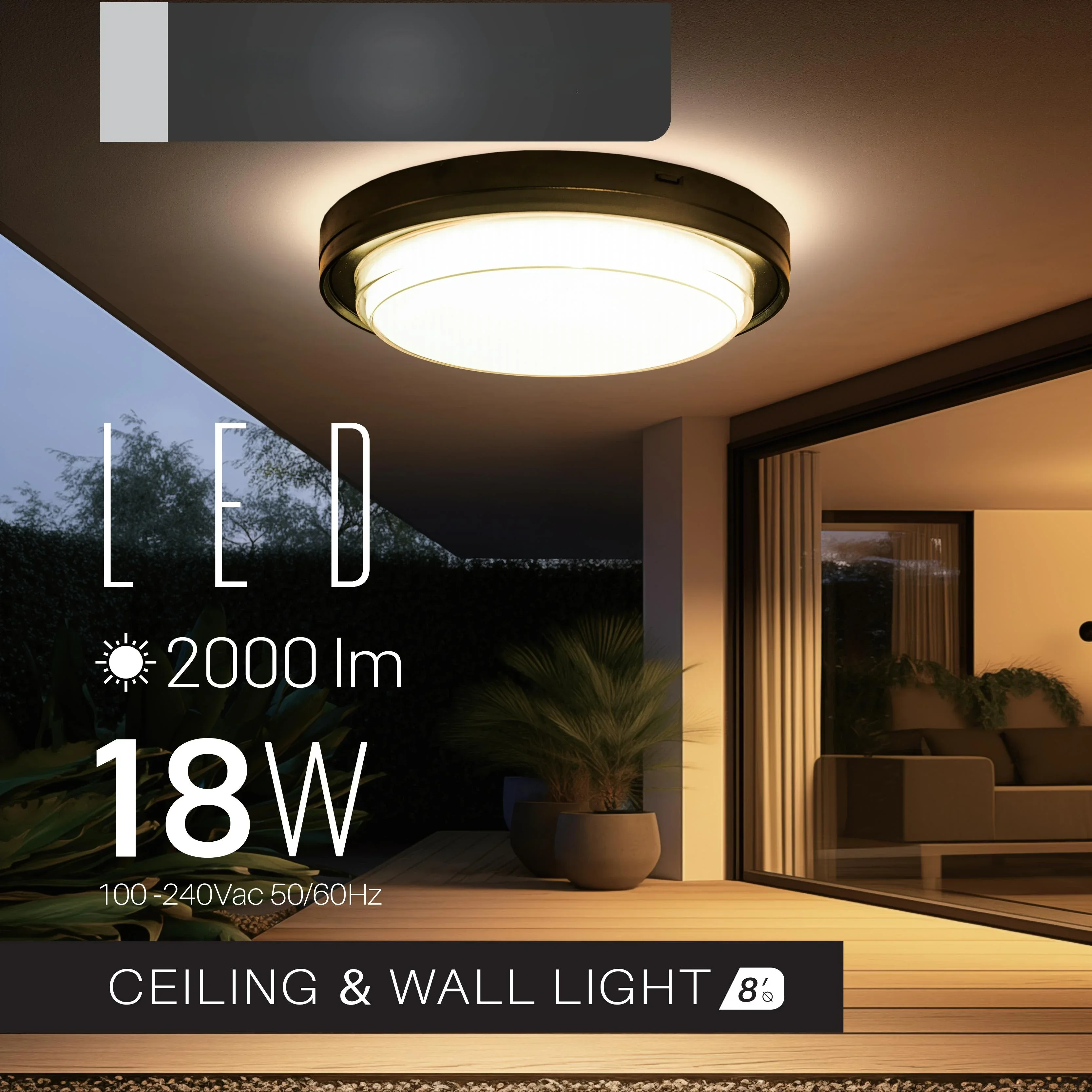 LED IP65 for Ceiling and Wall Mount (Φ222mm), 18W, 2000lm, Waterproof  Indoor Outdoor, Warm to Cool Color Turnable