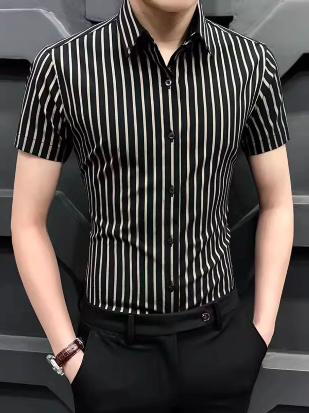 

Summer New Sle Slim Fit Men's ort Sve Striped irt Casual Busin High End Korean Trendy Top Polyester Fiber Urban F...