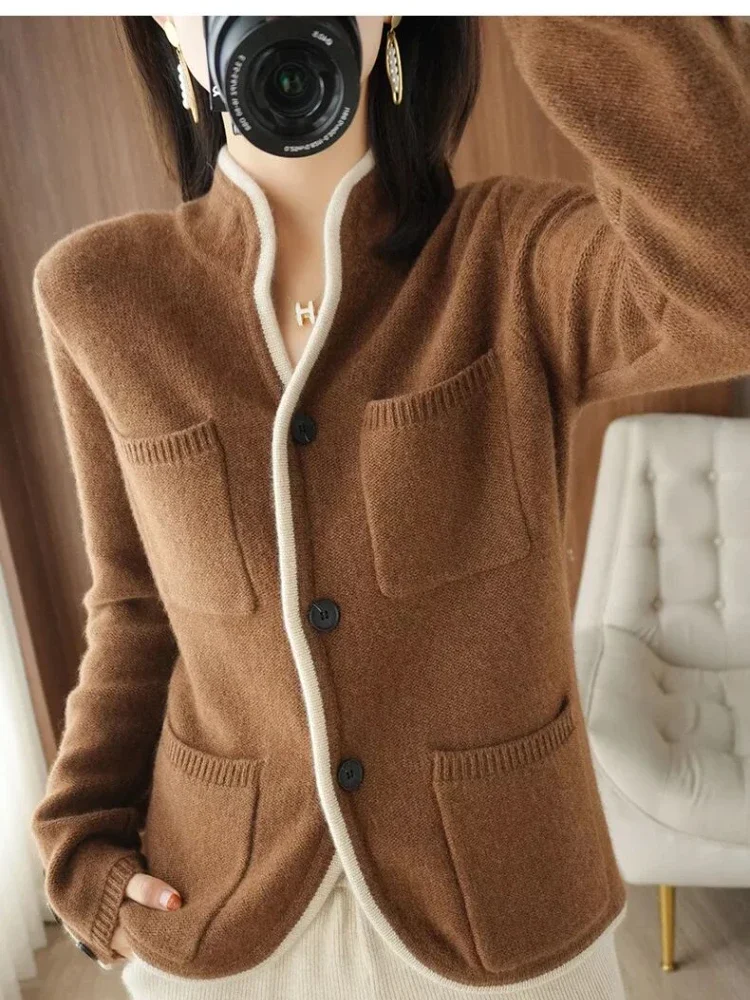 QNPQYX New Autumn Winter Sweater Women Solid Color Stand Collar Casual Tops Korean Fashion Female Jackets White Cardigan Women