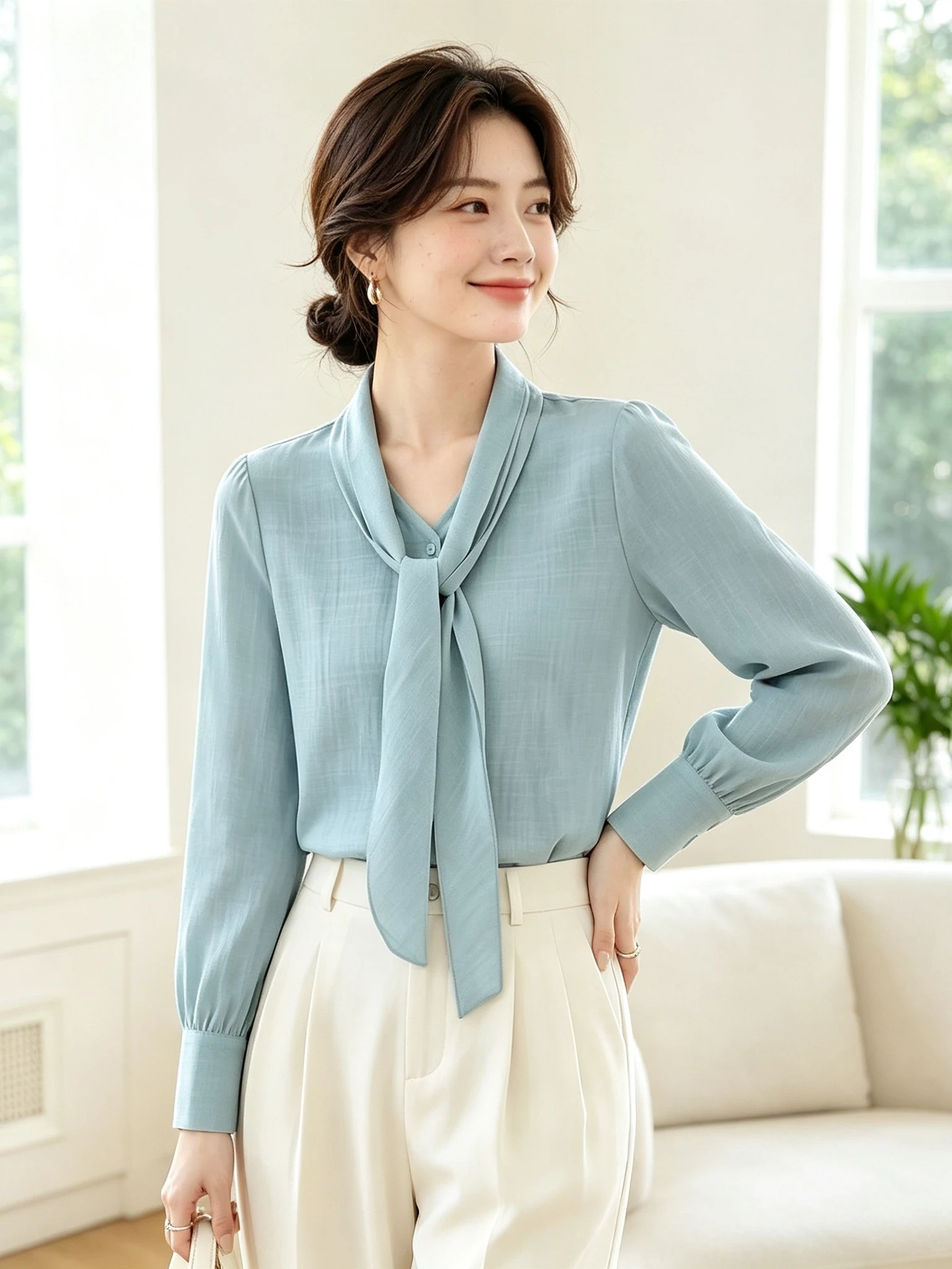 Elegant V-Neck Long Sleeve Shirt Women's Loose Fit Spring Autumn Style  Knot Luxury Sensation Fashionable Top