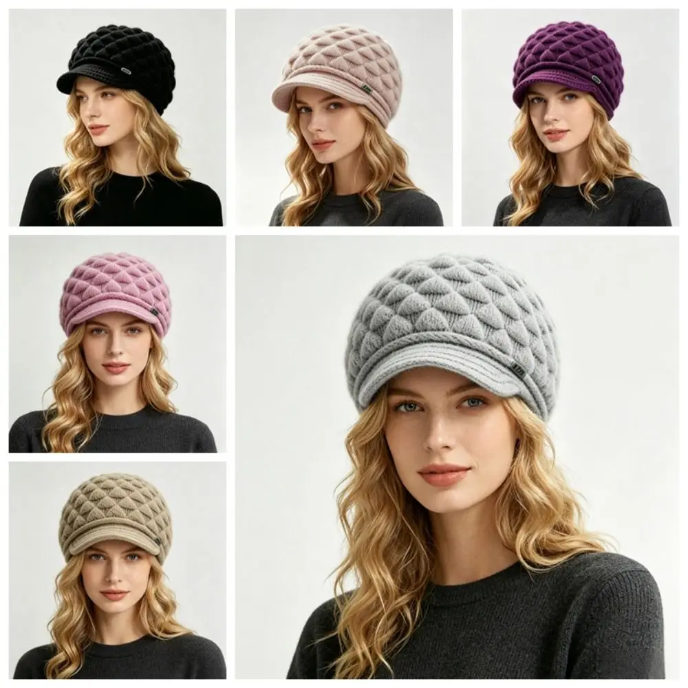 New Diamond Pattern Women's Winter Visor Beanie Soft Lined Extended Sides Ski Cap Warm Loose Fit Newsboy Knit Cap Commuting
